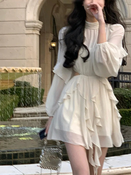 Beach Style Chiffon Mini Dress Office Lady Casual Long Sleeve Elegant One Piece Dress Fashion Clothing Summer