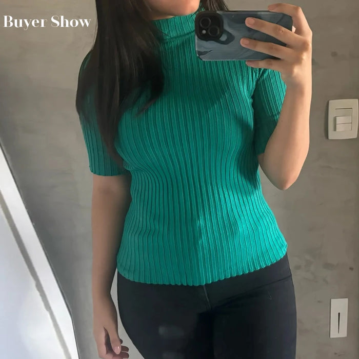 Tops Women Short Sleeve Knit Blouse Women Knitted Pullovers