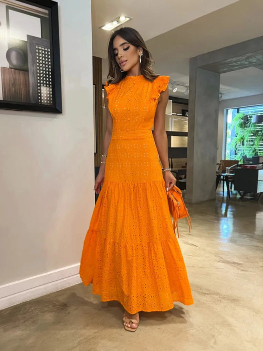Bohemian Hollow Out Women Dress O Neck Flying Sleeve Button Long Dress Summer Chic Casual Beach Women Clothing