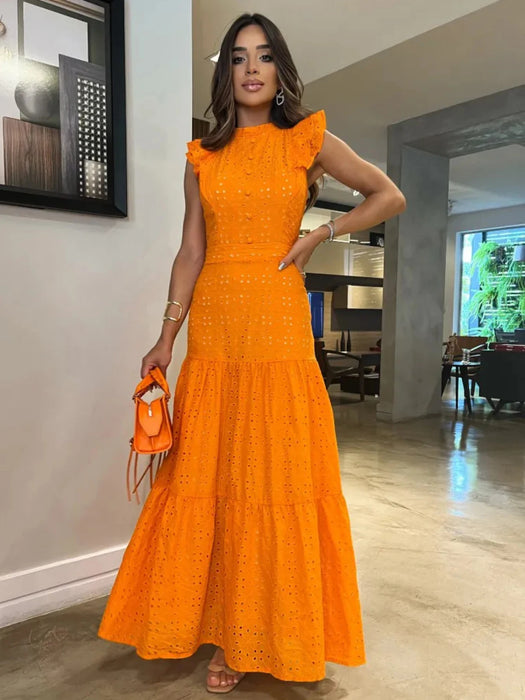 Bohemian Hollow Out Women Dress O Neck Flying Sleeve Button Long Dress Summer Chic Casual Beach Women Clothing