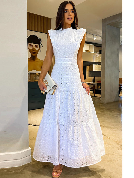 Bohemian Hollow Out Women Dress O Neck Flying Sleeve Button Long Dress Summer Chic Casual Beach Women Clothing