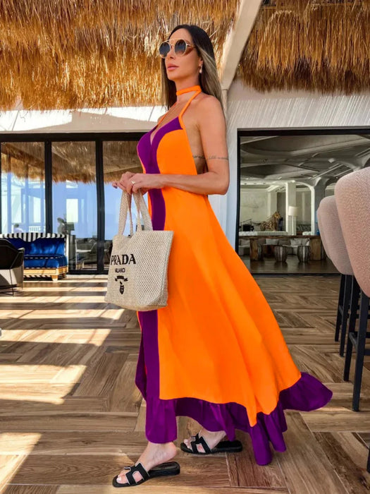 Boho New Elegant Women Maxi Dress Halter Sleeveless Backless Casual Loose Summer Beach Holiday Tie Up Dress