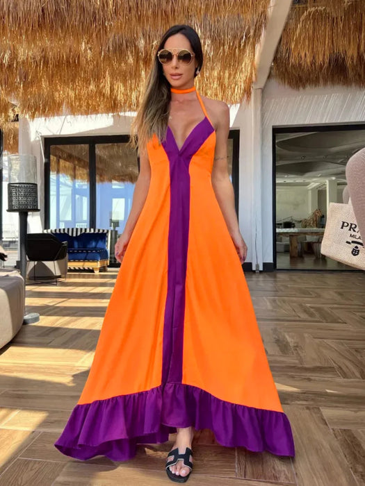 Boho New Elegant Women Maxi Dress Halter Sleeveless Backless Casual Loose Summer Beach Holiday Tie Up Dress