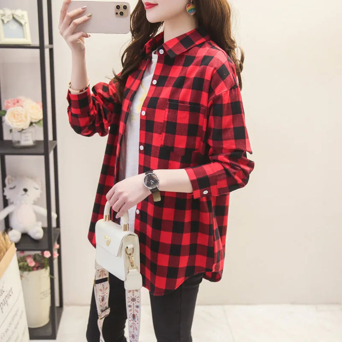 Casual Women's Plaid Shirt Fall New Ladies Loose Blouse and Tops Female Long Sleeve Blouses Clothes