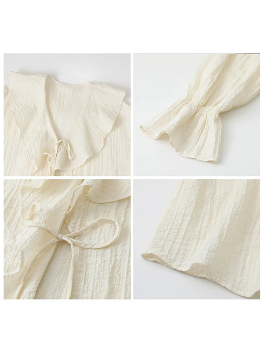 Women Shirt Loose Ruffled Edges Female Blouses V Neck Lace Up Mid Length Woman Shirts Spring Summer