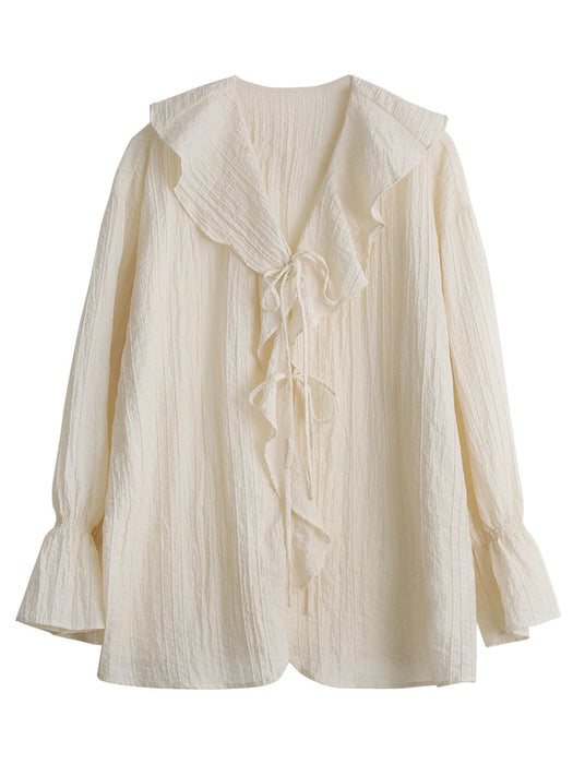 Women Shirt Loose Ruffled Edges Female Blouses V Neck Lace Up Mid Length Woman Shirts Spring Summer