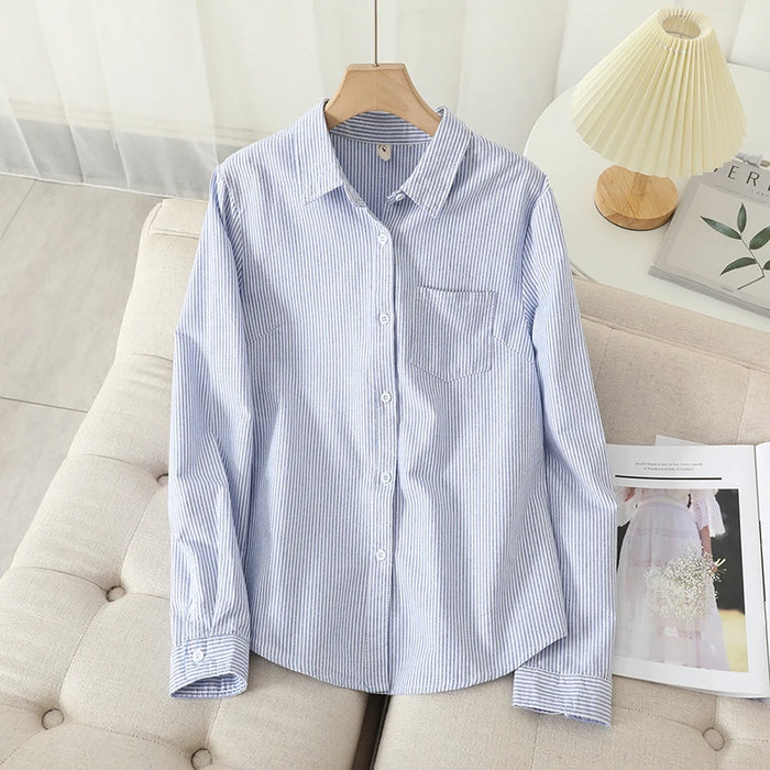 Casual Cotton Women's Oxford Shirt Fall Quality Woman Blouse and Tops Lady White Blue Striped Shirts Clothes