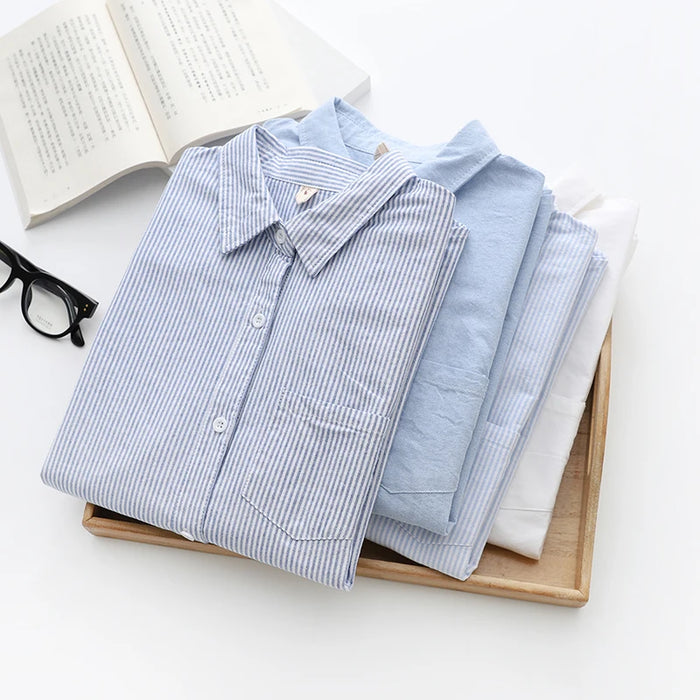 Casual Cotton Women's Oxford Shirt Fall Quality Woman Blouse and Tops Lady White Blue Striped Shirts Clothes