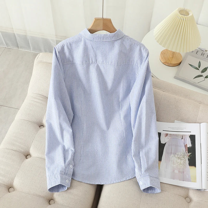 Casual Cotton Women's Oxford Shirt Fall Quality Woman Blouse and Tops Lady White Blue Striped Shirts Clothes