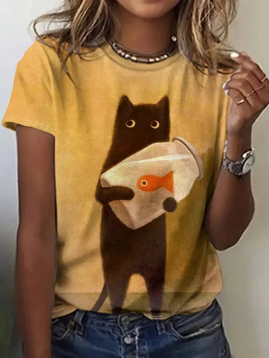 Cat Print Crew Neck T-shirt, Casual Short Sleeve Top For Spring Summer, Women's Clothing