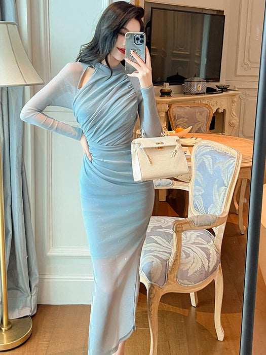 Christmas Party Shiny Evening Long Dresses For Women Ladies See Through Sexy Bodycon Dress Robe Stretchy Clothes