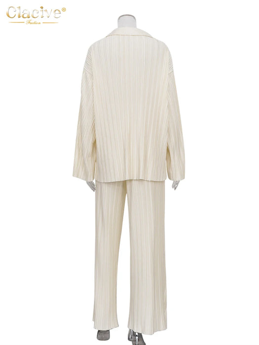 Fashion Long Sleeve Blouses Womens Two Peice Sets Casual Loose Slit Wide Trouser Suits Elegant White Pleated Female Set