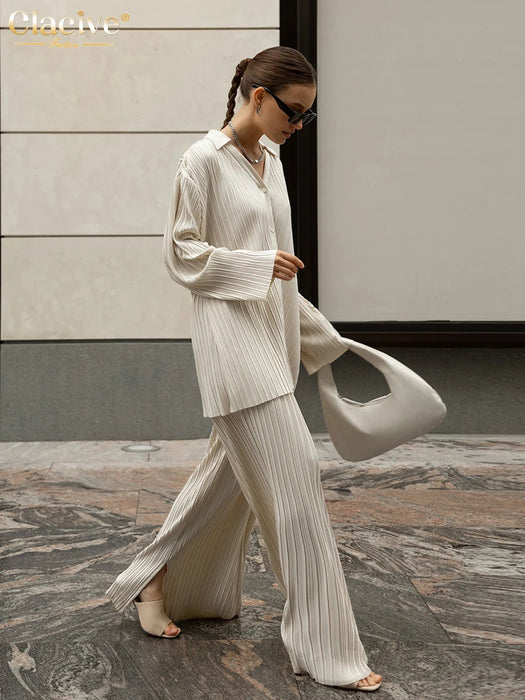 Fashion Long Sleeve Blouses Womens Two Peice Sets Casual Loose Slit Wide Trouser Suits Elegant White Pleated Female Set