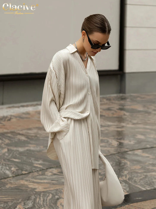 Fashion Long Sleeve Blouses Womens Two Peice Sets Casual Loose Slit Wide Trouser Suits Elegant White Pleated Female Set