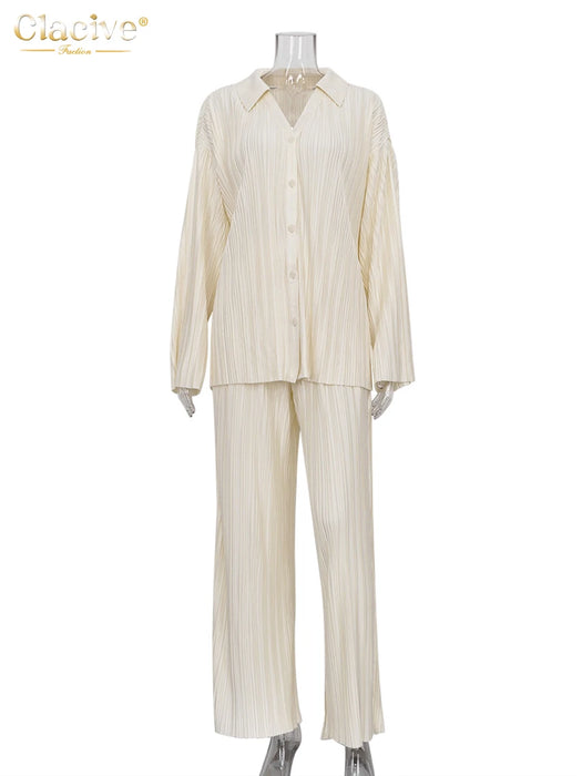 Fashion Long Sleeve Blouses Womens Two Peice Sets Casual Loose Slit Wide Trouser Suits Elegant White Pleated Female Set
