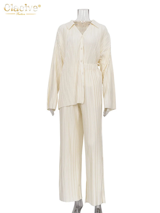Fashion Long Sleeve Blouses Womens Two Peice Sets Casual Loose Slit Wide Trouser Suits Elegant White Pleated Female Set