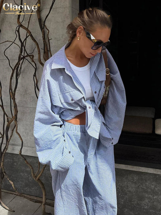 Fashion Long Sleeve Shirt 2 Piece Sets Women Outfit Casual Loose Print Pants Set Elegant High Waist Wide Trousers Suits