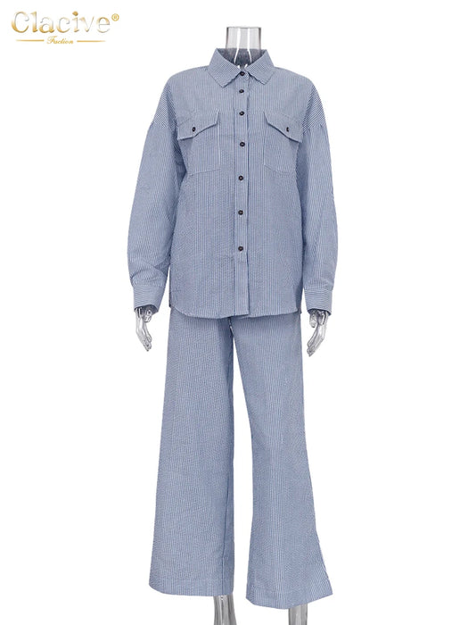 Fashion Long Sleeve Shirt 2 Piece Sets Women Outfit Casual Loose Print Pants Set Elegant High Waist Wide Trousers Suits