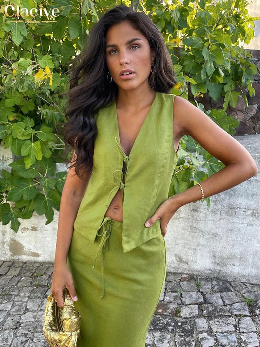 Green Cotton 2 Piece Sets Women Outfit 2024 Summer Sleeveless Tank Top With Mid Waist Long Skirts Set Female