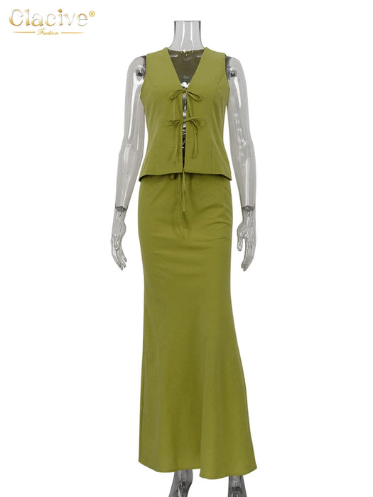 Green Cotton 2 Piece Sets Women Outfit 2024 Summer Sleeveless Tank Top With Mid Waist Long Skirts Set Female