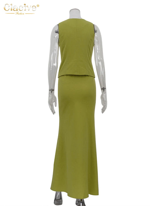 Green Cotton 2 Piece Sets Women Outfit 2024 Summer Sleeveless Tank Top With Mid Waist Long Skirts Set Female
