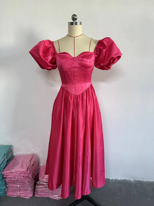 Classy Dresses for Women Sweetheart Neck Puff Sleeves Backless Pleated Midi Dress Summer Elegant Formal Party Wear