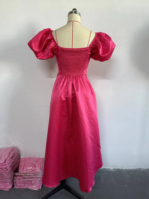Classy Dresses for Women Sweetheart Neck Puff Sleeves Backless Pleated Midi Dress Summer Elegant Formal Party Wear
