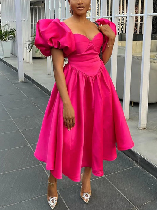 Classy Dresses for Women Sweetheart Neck Puff Sleeves Backless Pleated Midi Dress Summer Elegant Formal Party Wear