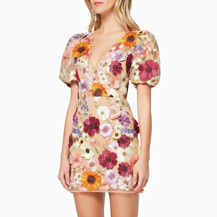 Appliques Fower wrap buttocks lantern sleeve dress new spring/summer