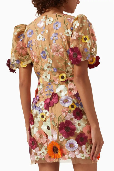Appliques Fower wrap buttocks lantern sleeve dress new spring/summer