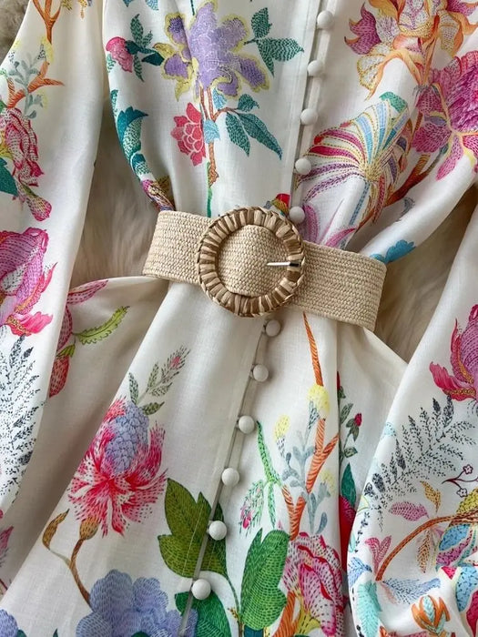 Elegant Linen Floral Holiday Robe Dress Women Spring Summer Stand Long Lantern Sleeve