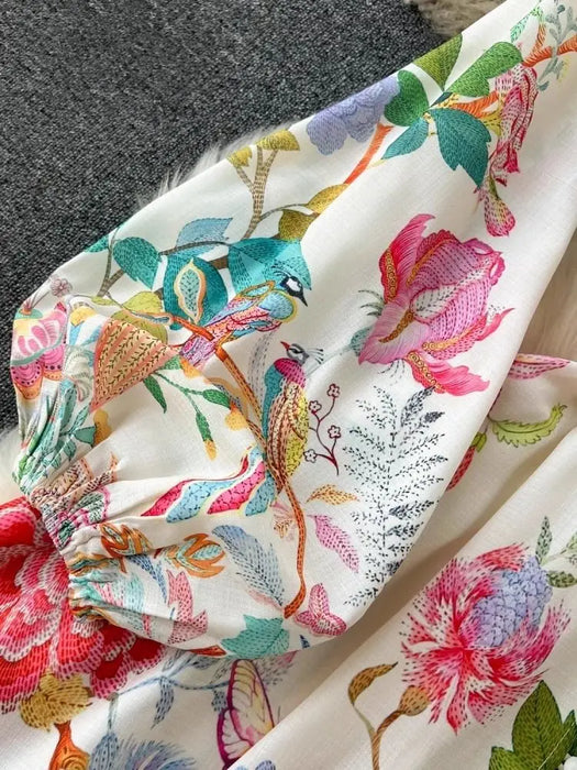 Elegant Linen Floral Holiday Robe Dress Women Spring Summer Stand Long Lantern Sleeve