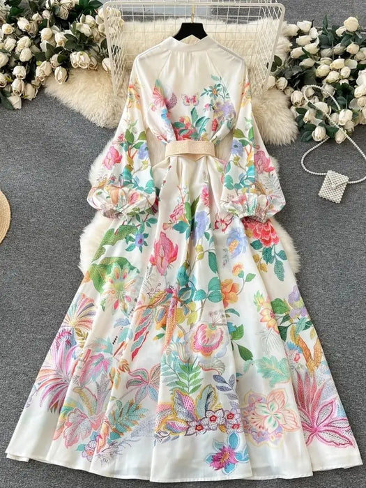Elegant Linen Floral Holiday Robe Dress Women Spring Summer Stand Long Lantern Sleeve