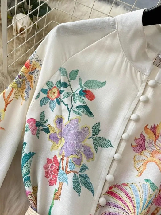 Elegant Linen Floral Holiday Robe Dress Women Spring Summer Stand Long Lantern Sleeve