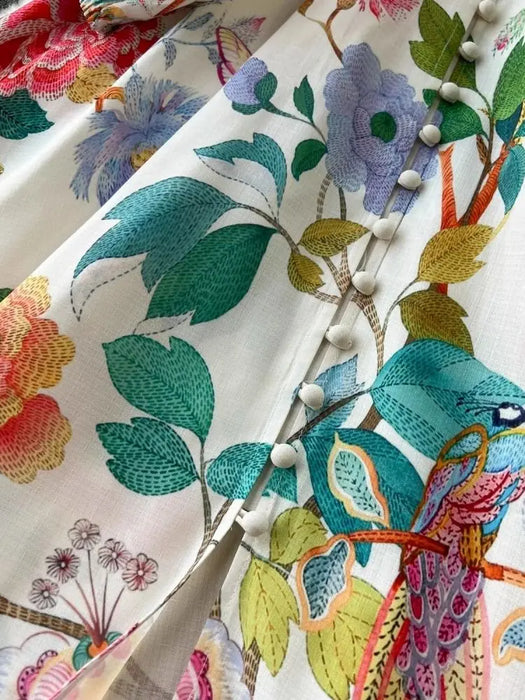 Elegant Linen Floral Holiday Robe Dress Women Spring Summer Stand Long Lantern Sleeve