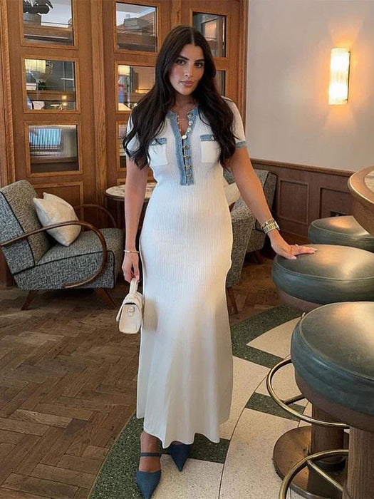 Elegant V Neck Denim Patchwork Knitted Long Dress Women Fashion Short Sleeved Buttons Bodycon Dresses Office Lady