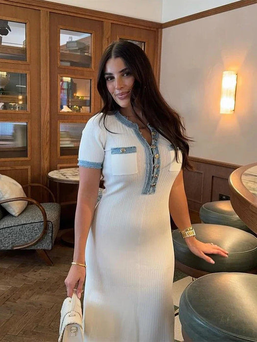 Elegant V Neck Denim Patchwork Knitted Long Dress Women Fashion Short Sleeved Buttons Bodycon Dresses Office Lady