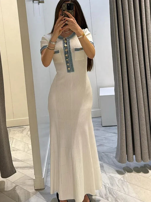 Elegant V Neck Denim Patchwork Knitted Long Dress Women Fashion Short Sleeved Buttons Bodycon Dresses Office Lady