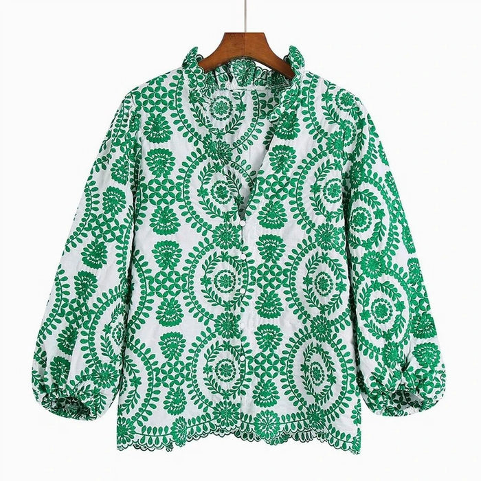 Embroidered Blouse Women Fashion Long Sleeve Blusas Fitted Clothing Female Shirt Slim Lady Top Work Wears
