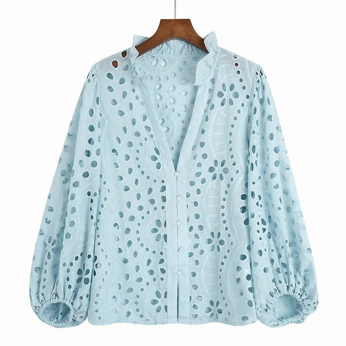 Embroidered Blouse Women Fashion Long Sleeve Blusas Fitted Clothing Female Shirt Slim Lady Top Work Wears