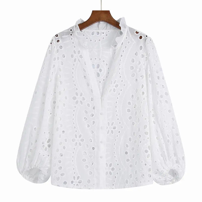 Embroidered Blouse Women Fashion Long Sleeve Blusas Fitted Clothing Female Shirt Slim Lady Top Work Wears