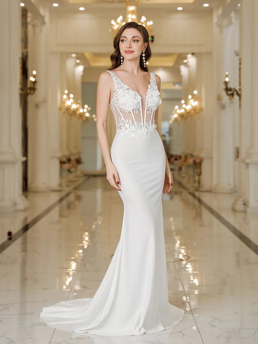 Holy White Wedding Dress Beaded Floral Lace V neck Sleeveless Lace Appliques Floor Length Dress Mermaid Sweep Train