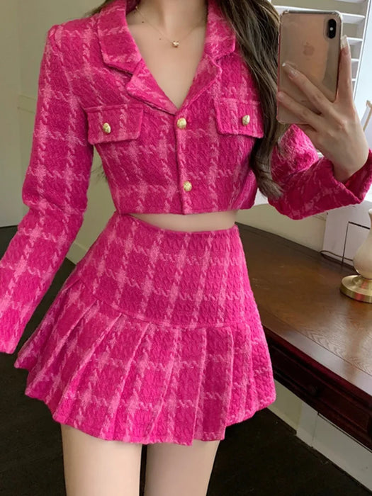Fall Vintage Tweed Two Piece Set Women Crop Top Woolen Short Jacket Coat Mini Skirts Sets Sweet 2 Piece Suits