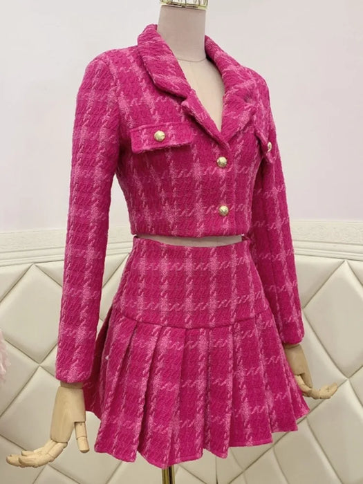 Fall Vintage Tweed Two Piece Set Women Crop Top Woolen Short Jacket Coat Mini Skirts Sets Sweet 2 Piece Suits
