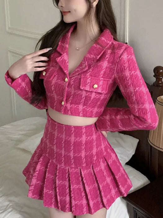 Fall Vintage Tweed Two Piece Set Women Crop Top Woolen Short Jacket Coat Mini Skirts Sets Sweet 2 Piece Suits