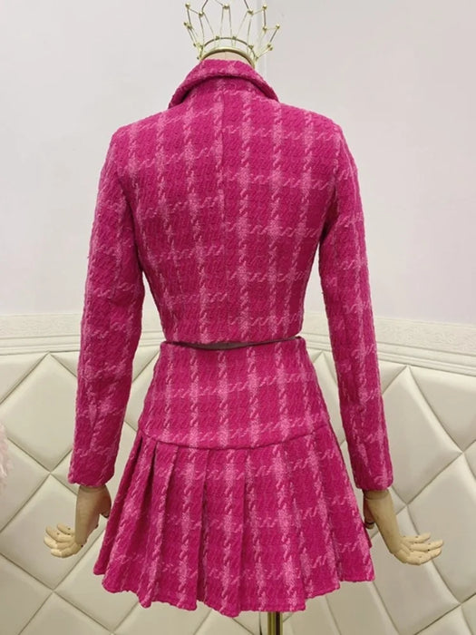 Fall Vintage Tweed Two Piece Set Women Crop Top Woolen Short Jacket Coat Mini Skirts Sets Sweet 2 Piece Suits