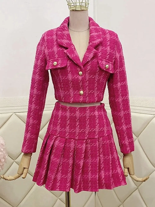 Fall Vintage Tweed Two Piece Set Women Crop Top Woolen Short Jacket Coat Mini Skirts Sets Sweet 2 Piece Suits