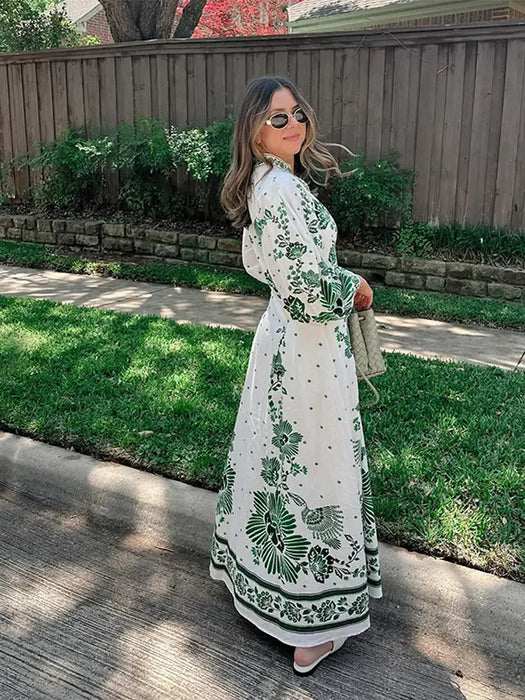 Fashion Blue Print Single Breast Maxi Dress Women Elegant Lapel Long Lantern Sleeves Long RobesBeach Vocation