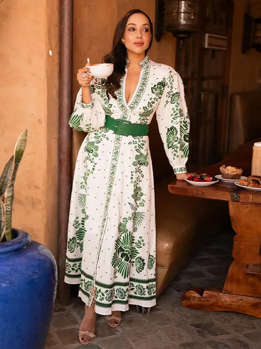 Fashion Blue Print Single Breast Maxi Dress Women Elegant Lapel Long Lantern Sleeves Long RobesBeach Vocation