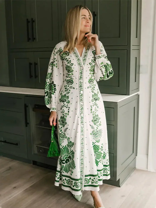 Fashion Blue Print Single Breast Maxi Dress Women Elegant Lapel Long Lantern Sleeves Long RobesBeach Vocation